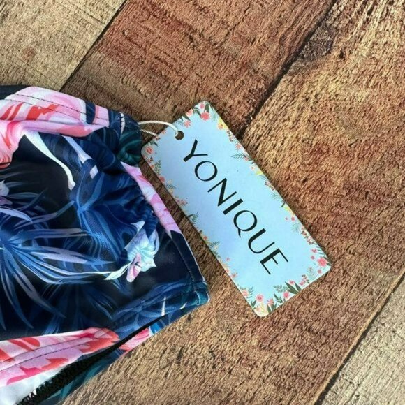 Yonique Black and blue flamingo print 3 piece swim suit top shorts bra L - Picture 7 of 9